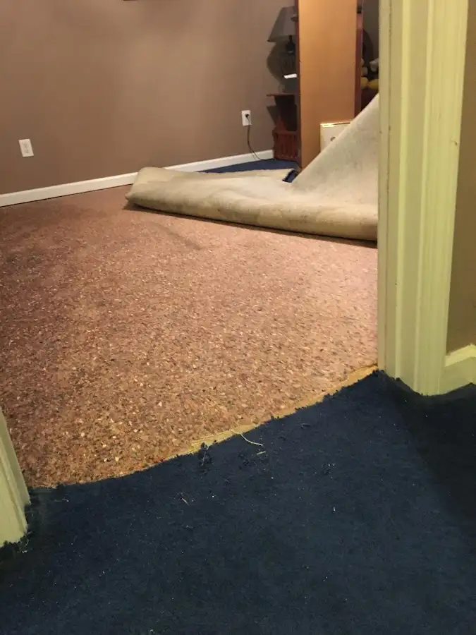 Carpet pad removal revealing water damage during Drying & Dehumidification in Holladay